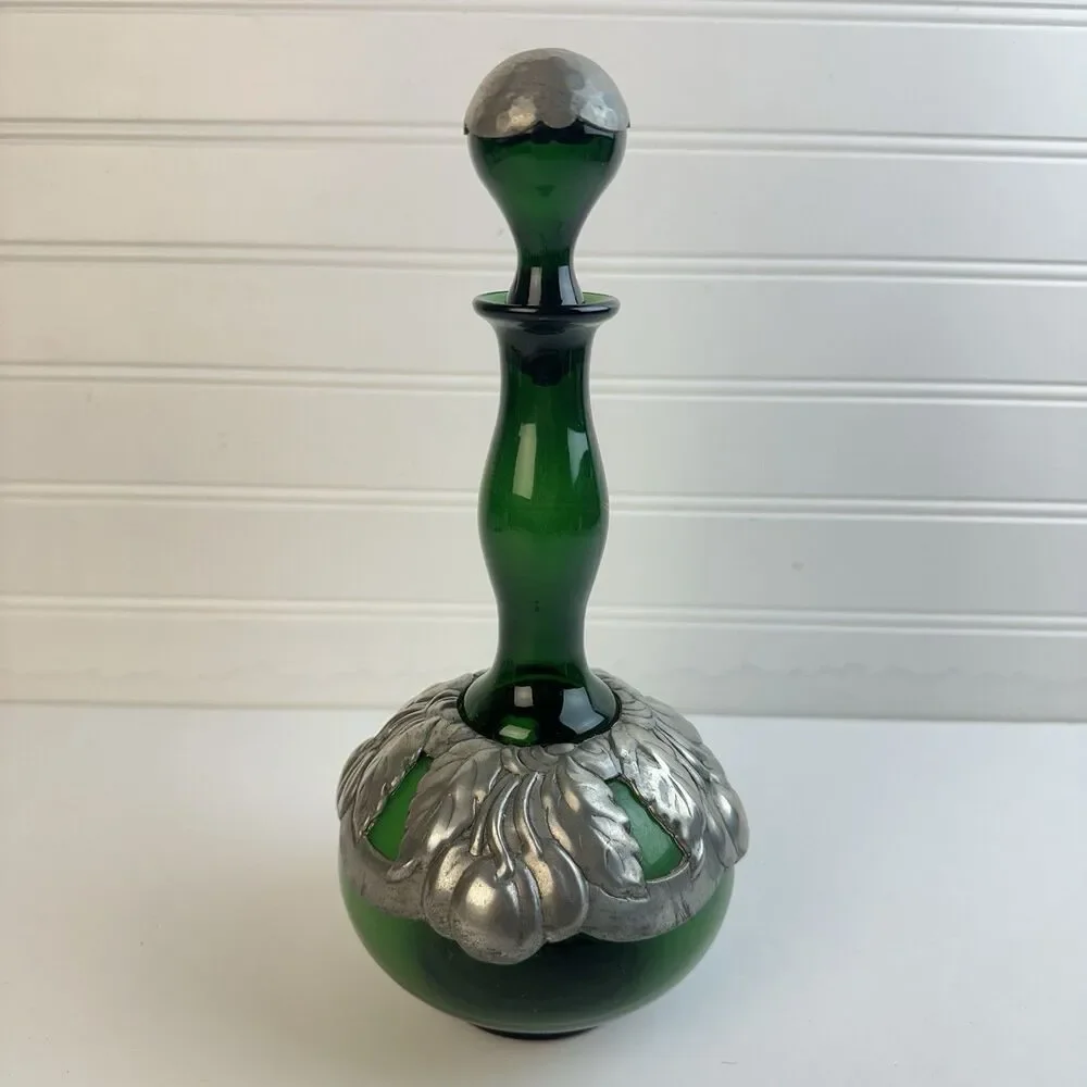 Green Genie Bottle Decanter 2 Glasses Pewter Cherry Overlay MCM Barware Vintage